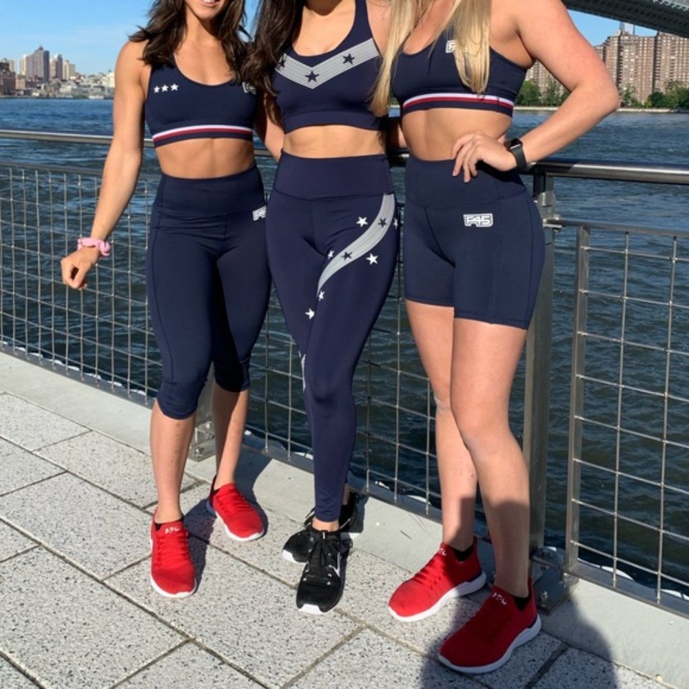 New SoulCycle Stars and Stripes printed racerback compressive sports bra crop